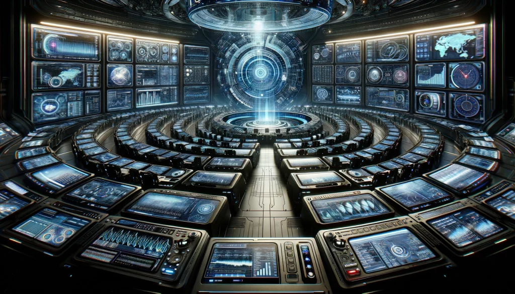 AI-generated image of a futuristic control room filled with advanced technological devices, illustrating the process of recording and transmitting data from instruments over a distance.